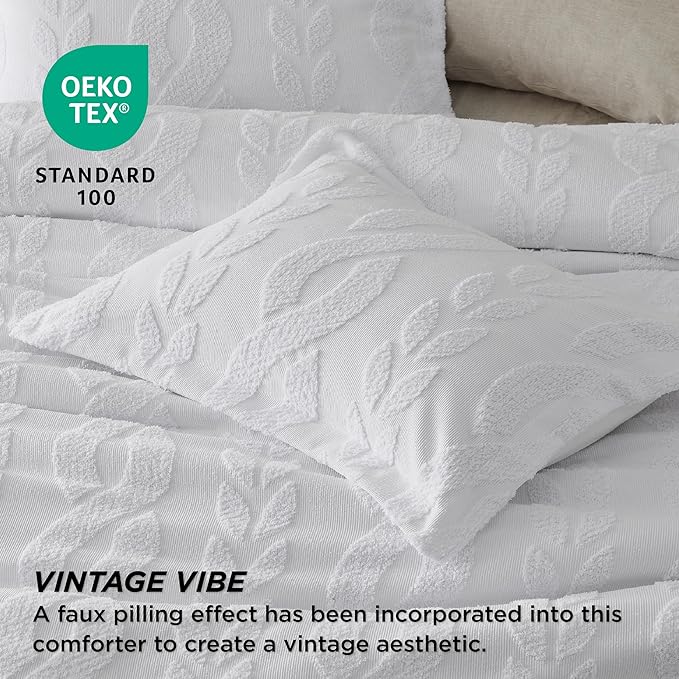 Bedsure King Size Comforter Set White, Boho Tufted Bedding Comforter Set, Farmhouse Jacquard Cable Knit Pattern Bed Set, 3 Pieces, 1 Shabby Chic Fluffy Comforter & 2 Pillow Shams - LeafyLoom