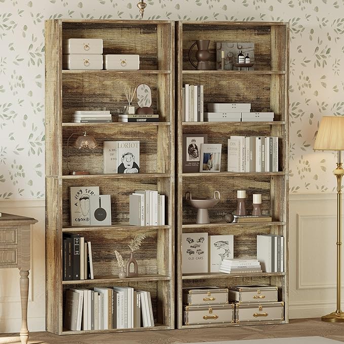 IRONCK Bookshelves and Bookcases Set of 2 Floor Standing 6 Tier Display Storage Shelves 70in Tall Bookcase Home Decor Furniture for Home Office, Living Room, Bed Room - LeafyLoom