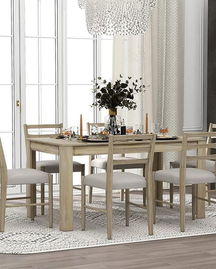 71.5 Inch Dining Table Set for 6, 7-Piece Wooden Extendable Table with 12" Leaf and 2 Drawers, 6 Dining Chairs with Soft Cushion for Dining Room, Living Room, Natural Wood Wash - LeafyLoom