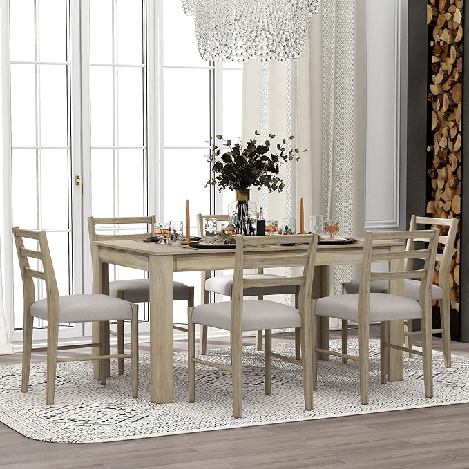 7 Piece Extendable Wooden Dining Table Set with 6 Upholstered Chairs, 12" Leaf and 2 Drawers, Natural Wood Wash - LeafyLoom