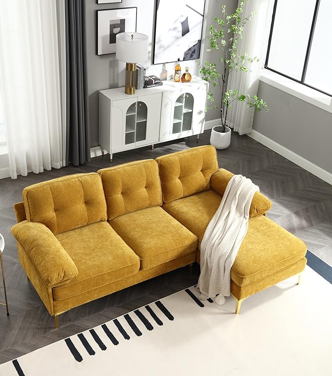L Shaped Convertible Sleeper Sectional Sofa with Reversible Chaise, 3 Seater Corner Couch Bed with Detachable Pillow Armrest and Golden Metal Legs for Living Room Apartment Small Space - LeafyLoom