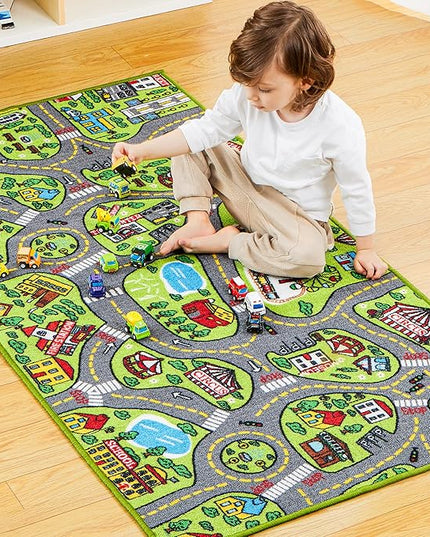 JOYIN Kids Play Rugs - 12 Pull-Back Vehicle Set - Durable Carpet Playmat Rug - City Pretend Play - Toddler Car Track Rug - LeafyLoom
