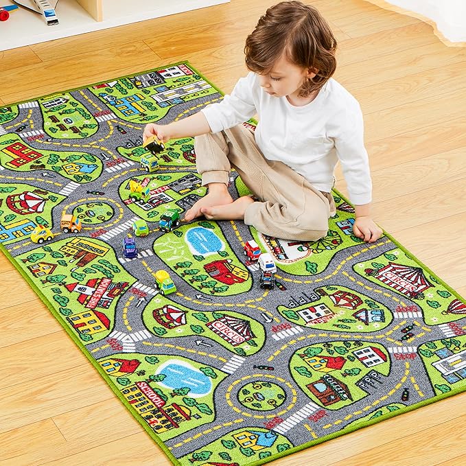 JOYIN Kids Play Rugs - 12 Pull-Back Vehicle Set - Durable Carpet Playmat Rug - City Pretend Play - Toddler Car Track Rug - LeafyLoom