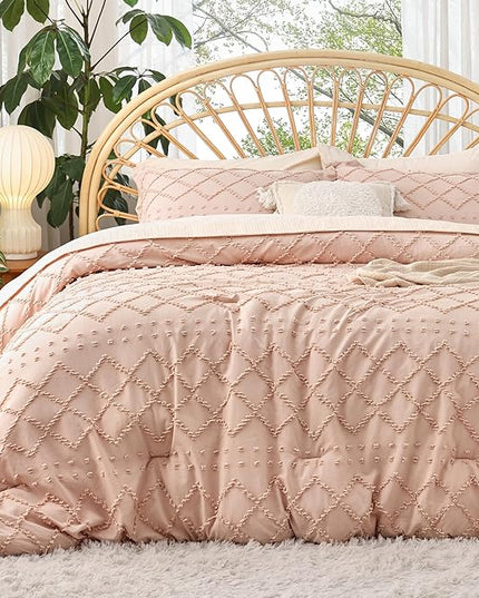 Bedsure King Size Comforter Set - Coral Pink Comforter, Boho Tufted Shabby Chic Bedding Comforter Set, 3 Pieces Farmhouse Bed Set for All Seasons, Fluffy Soft Bedding Set with 2 Pillow Shams - LeafyLoom