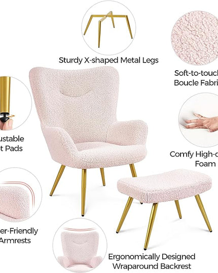 Yaheetech Accent Chair with Ottoman, Boucle Fabric Armchair Footstool, Modern and Cozy Vanity Chair with Golden Legs for Living Room, Lounge, Makeup Room, Bedroom, Pink - LeafyLoom
