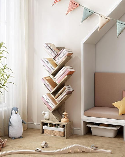 Hoctieon 6 Tier Tree Bookshelf, Tall Bookcase with Drawer, Freestanding Book shelf, Display Floor Standing Storage Shelf, Book Organizer Shelves for Home Office, Living Room, Bedroom, Greige - LeafyLoom