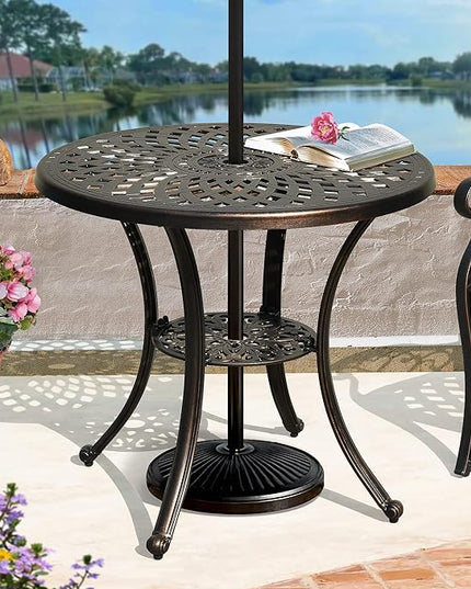 DWVO 5 Piece Outdoor Furniture Cast Aluminum Patio Dining Sets, All-Weather Patio Bistro Sets with 4 Chairs, 30 Inches Round Table with Umbrella Hole, Adjustable Feet for Balcony Backyard Deck Garden - LeafyLoom