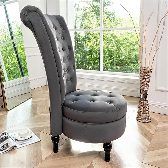 Royal Velvet Accent Chair for Vanity with Storage and Luxurious Upholstery, Retro Design and Versatile Usage for Living Room, Bedroom, Lounge and Office, Grey - LeafyLoom