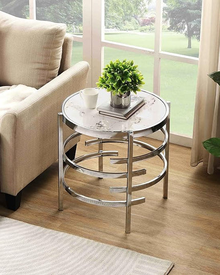 Round Coffee Table Coffee Tables for Living Room Sintered Stone Marble Top Sturdy Metal Frame (Silver, 20.67 inches) - LeafyLoom