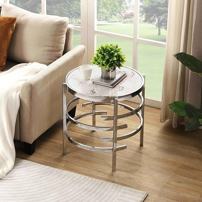 Round Coffee Table Coffee Tables for Living Room Sintered Stone Marble Top Sturdy Metal Frame (Silver, 20.67 inches) - LeafyLoom