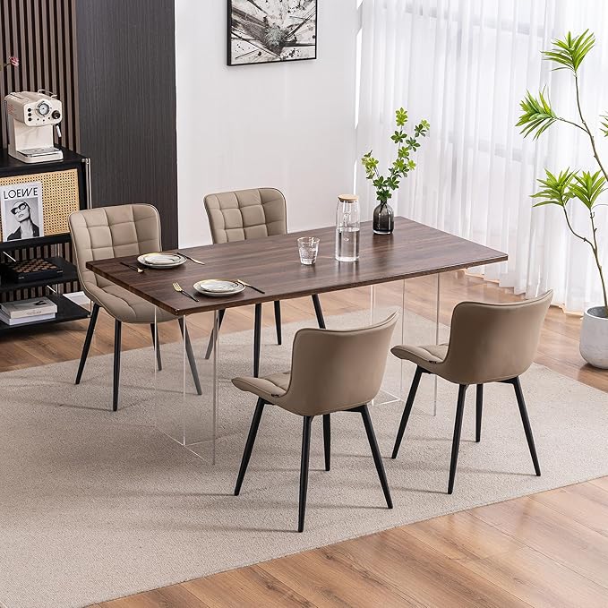 YOUTASTE Khaki Dining Chairs Set of 2 PU Leather Upholstered Modern Armless Dining Room Chair with Back Metal Legs Kitchen Dinner Accent Guest Chairs for Vanity Reception Waiting Room - LeafyLoom