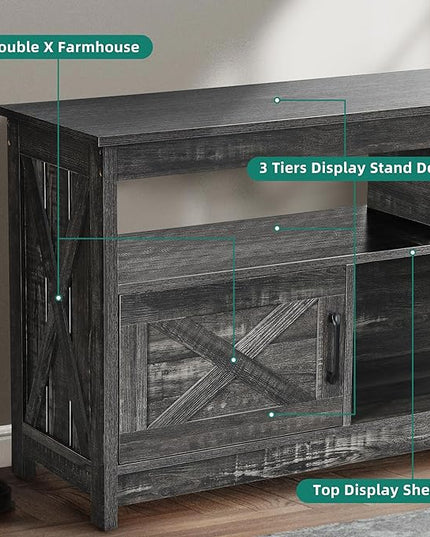 YITAHOME Mid Century Modern TV Stand for 65 inch with Power Outlet, Entertainment Center Table with Storage Cabinets and Open Shelves, Farmhouse TV Media Console for Living Room, Dark Grey - LeafyLoom