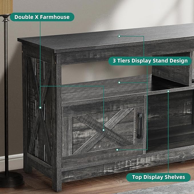 YITAHOME Mid Century Modern TV Stand for 65 inch with Power Outlet, Entertainment Center Table with Storage Cabinets and Open Shelves, Farmhouse TV Media Console for Living Room, Dark Grey - LeafyLoom