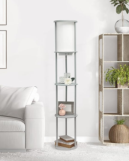 Simple Designs LF2010-GRY 62.5" Round Modern Shelf Etagere Organizer Storage Floor Lamp with 2 USB Charging Ports, 1 Charging Outlet and Linen Shade for Living Room Bedroom, Gray, 11.5 x 11.5 x 62.5 - LeafyLoom