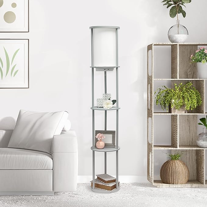 Simple Designs LF2010-GRY 62.5" Round Modern Shelf Etagere Organizer Storage Floor Lamp with 2 USB Charging Ports, 1 Charging Outlet and Linen Shade for Living Room Bedroom, Gray, 11.5 x 11.5 x 62.5 - LeafyLoom