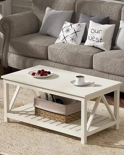 ChooChoo Coffee Table, Living Room Table with Shelf, 40 Antique White - LeafyLoom