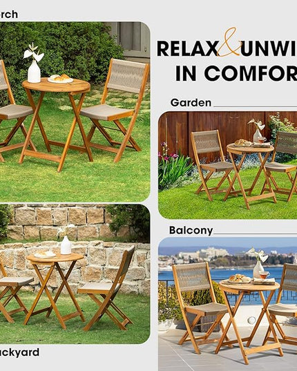 Heavy Duty 400lbs Capacity Patio Bistro Set 3 Piece Outdoor, Folding Chairs with Elegant, Wood Rope Design - Beige - LeafyLoom