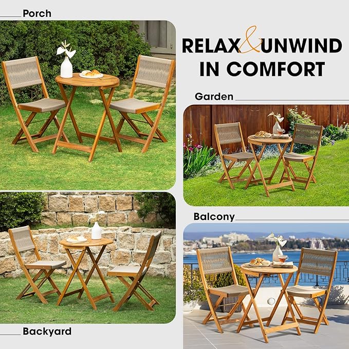 Heavy Duty 400lbs Capacity Patio Bistro Set 3 Piece Outdoor, Folding Chairs with Elegant, Wood Rope Design - Beige - LeafyLoom