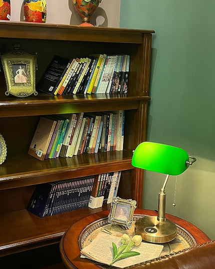 FIRVRE Glass Bankers Desk Lamp USB Wireless Charging Port LED Desk Lamp Classic Retro Pull Chain Switch Table lamp Reading Modern for Home Office nightstand Bedside Study Desk Library (Green) - LeafyLoom