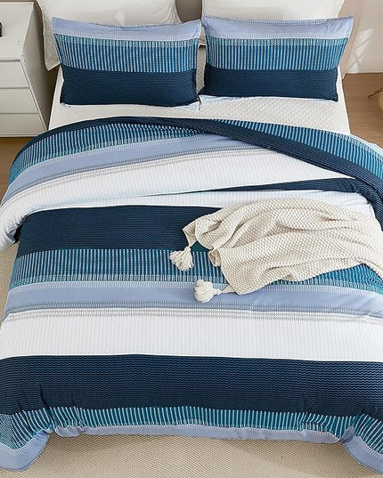 Litanika Navy Blue California King Comforter Set - 3 Pieces Cal King Oversized Lightweight Summer Colorblock Stripe Bedding Set (104x96In, 2 Pillowcases) - LeafyLoom
