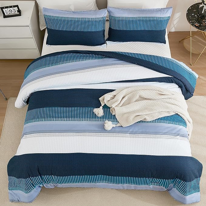 Litanika Navy Blue Comforter King Size Set, 3 Pieces Bedding Set, Blue White Colorblock Stripe (104x90In Comforter & 2 Pillowcases) - LeafyLoom
