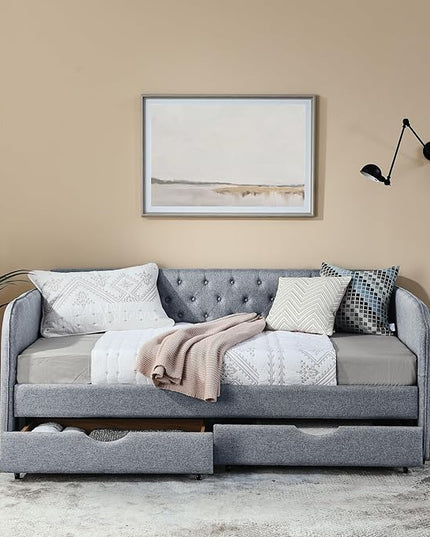 Twin Size Upholstery Daybed with Trundle Bed and 2 Storage Drawers, Flat Arms w/Pocket, Linen Extendable Bedframe for Bedroom Living Room, No Box Spring Needed & Space-Saving Design, Grey - LeafyLoom