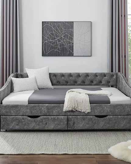 Full Size Daybed with 2 Storage Drawers,Linen Upholstered Sofa Bed W/Button on Back & Copper Nail on Waved Shape Armrests,No Spring Box Need,Wood Bedframe for Living Room Bedroom Dorm,Grey - LeafyLoom