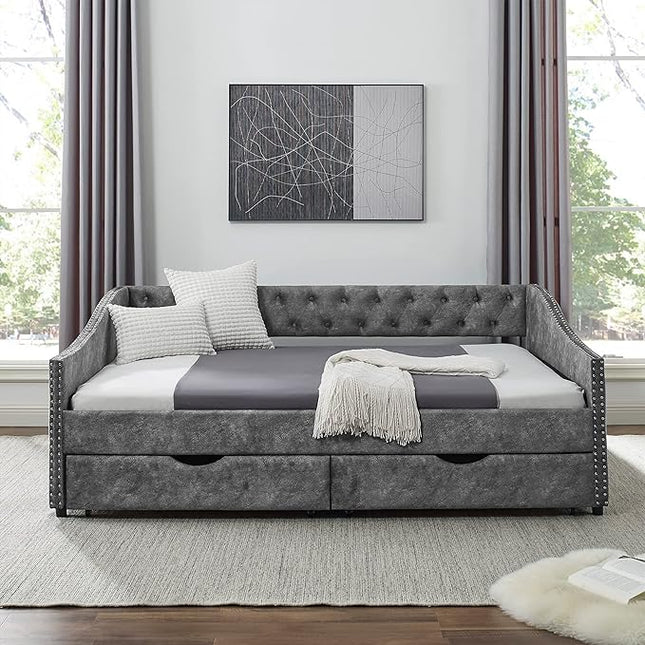 Full Size Daybed with 2 Storage Drawers,Linen Upholstered Sofa Bed W/Button on Back & Copper Nail on Waved Shape Armrests,No Spring Box Need,Wood Bedframe for Living Room Bedroom Dorm,Grey - LeafyLoom