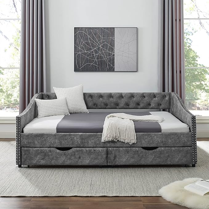 Full Size Daybed with 2 Storage Drawers,Linen Upholstered Sofa Bed W/Button on Back & Copper Nail on Waved Shape Armrests,No Spring Box Need,Wood Bedframe for Living Room Bedroom Dorm,Grey - LeafyLoom