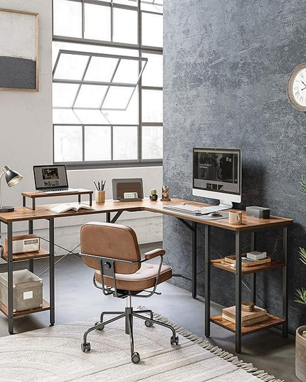 BANTI L Shaped Desk with Shleves, 50.4 inch Large Corner Desk with Two Storage, Space Saving, Easy to Assemble, Brown - LeafyLoom