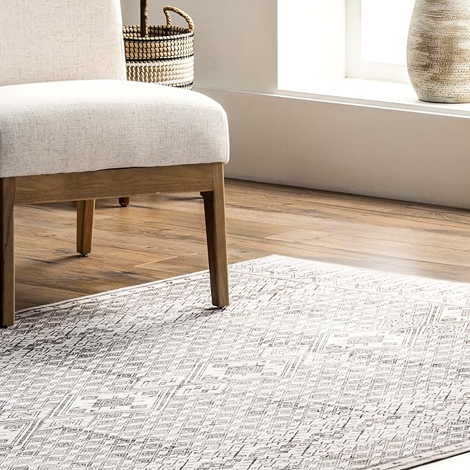 nuLOOM Hettie Transitional Tribal Machine Washable Ultra Thin Area Rug, 6' x 9', Light Grey - LeafyLoom