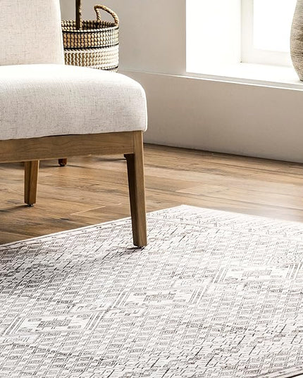 nuLOOM Hettie Transitional Tribal Machine Washable Ultra Thin Area Rug, 3' x 5', Light Grey - LeafyLoom