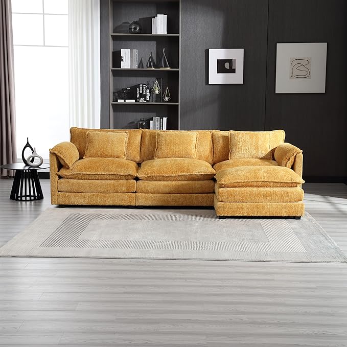 Convertible Modular Sectional Sofa with Reversible Chaise, Modern Chenille Upholstery L-Shaped Boucle Couch 4-Seat Corner Sofa&Couches for Living Room, Apartment and Small Space, Yellow 127.23" - LeafyLoom
