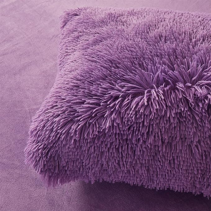 FOPPA Dark Purple Faux Fur Comforter Cover Set Ultra Soft Plush Bedding Sets 3 Pieces (1 Faux Fur Duvet Cover + 2 Faux Fur Pillow case) Zipper Closure (Queen, Dark Purple) - LeafyLoom