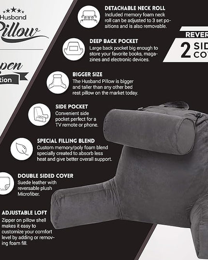 Husband Pillow XXL Aspen Edition, Adult Reading Sit Up Bed Rest Pillow for Bed with Arms & Neck Roll on Bungee Cord - Premium Memory Foam - Reversible 2 Sided Cover Micro Suede or Plush, Iron Grey - LeafyLoom