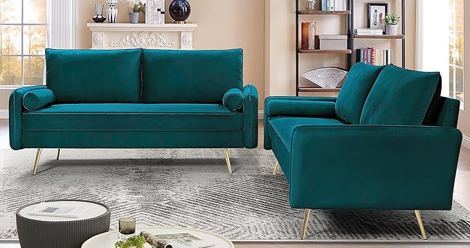 Kent Modern Sofa, European Style Velvet Living Room Furniture with Tapered Legs, Vintage Flair, and Sleek Design, Greenish Blue - LeafyLoom