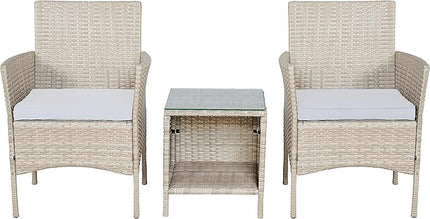 BTEXPERT Outdoor Wicker Conversation 3 Piece Bistro Set Garden Patio Yard Porch Furniture Space Saving Pe Rattan 2 Chairs Cushions Side Storage Glass Table Gray/Cream 3pc, OneSize - LeafyLoom