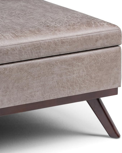 SIMPLIHOME Owen 36 Inch Wide Mid Century Modern Square Coffee Table Lift Top Storage Ottoman in Upholstered Distressed Grey Taupe Faux Leather, For the Living Room - LeafyLoom