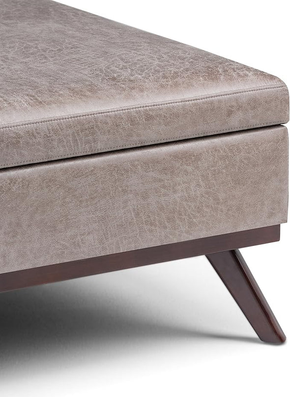 SIMPLIHOME Owen 36 Inch Wide Mid Century Modern Square Coffee Table Lift Top Storage Ottoman in Upholstered Distressed Grey Taupe Faux Leather, For the Living Room - LeafyLoom