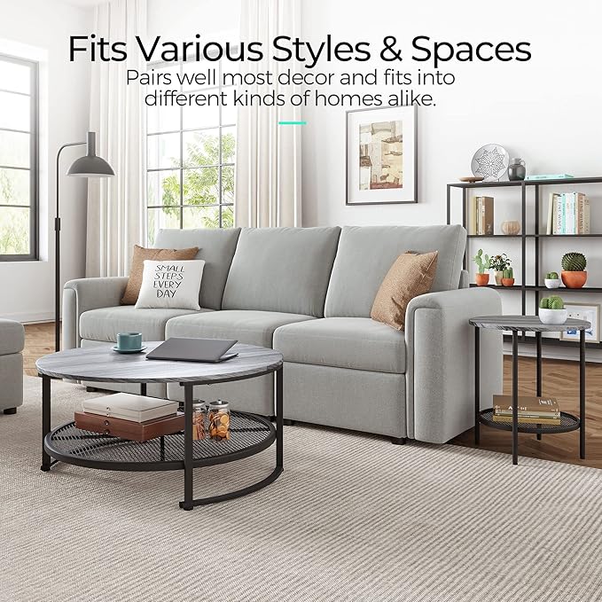 LINSY Home Round Coffee Table Set of 2 for Living Room, Grey Coffee Table with Open Storage,Wood Surface Top & Sturdy Metal Legs Large Circle Coffee Table for Industrial or Modern Design Home - LeafyLoom