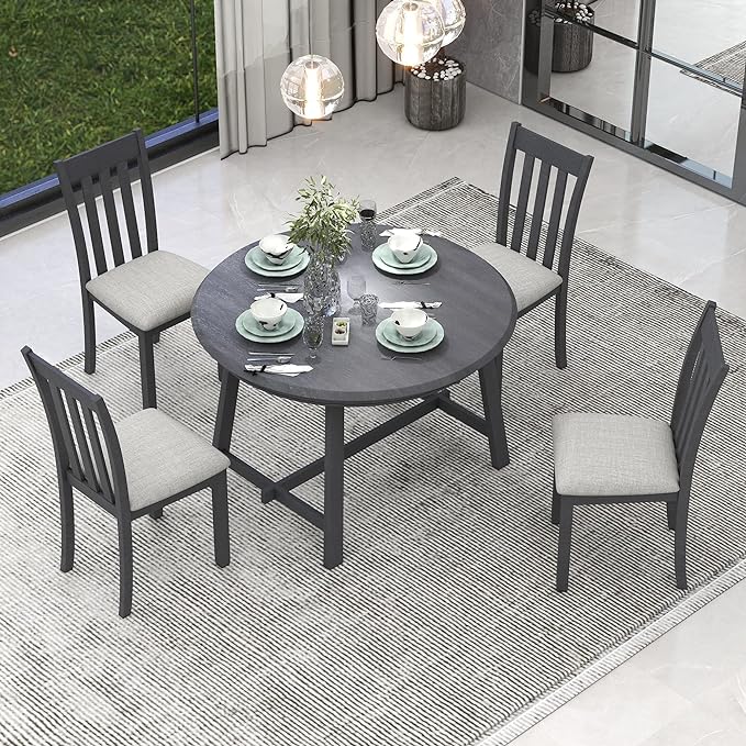 NicBex Small Dining Table Set for 4 Kitchen Table and Chairs 5-Piece Wood Dining Table Set Round Extendable Dining Table with 4 Dining Chairs for Dining Room, Gray - LeafyLoom
