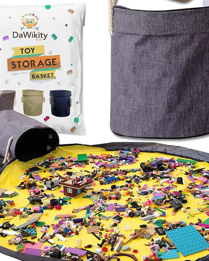 Toy Storage Basket and Play Mat for Building Bricks - Collapsible Canvas Organizer Bag with Drawstring - For Kids - LeafyLoom