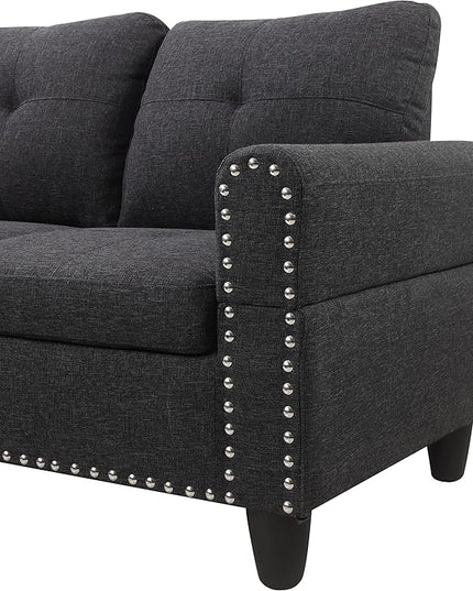 98" L-Shaped Sectional Couch with Storage Ottoman and Left Facing Chaise,Linen Upholstered Sofa with 2 Cup Holders and 2 Throw Pillows for Living Room,Charcoal Grey - LeafyLoom
