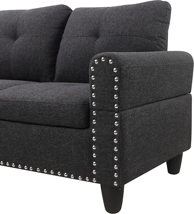 98" L-Shaped Sectional Couch with Storage Ottoman and Left Facing Chaise,Linen Upholstered Sofa with 2 Cup Holders and 2 Throw Pillows for Living Room,Charcoal Grey - LeafyLoom