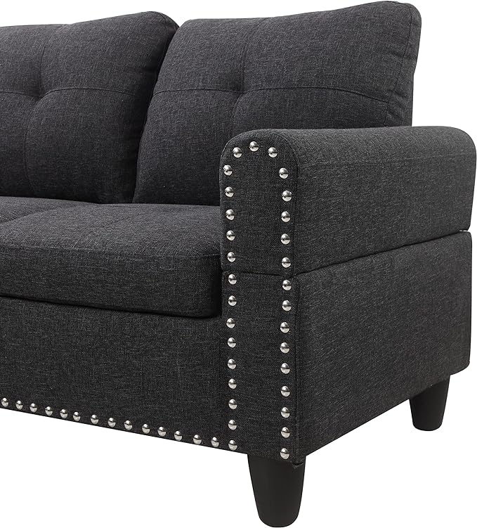 L Shape Sectional Sofa, 98 inch Linen Left Hand Facing Couch & Chaise with Ottoman, Flip-up Cup Holder, Living Set Furniture for Home Office, Guest Room, 98, Charcoal Gray - LeafyLoom