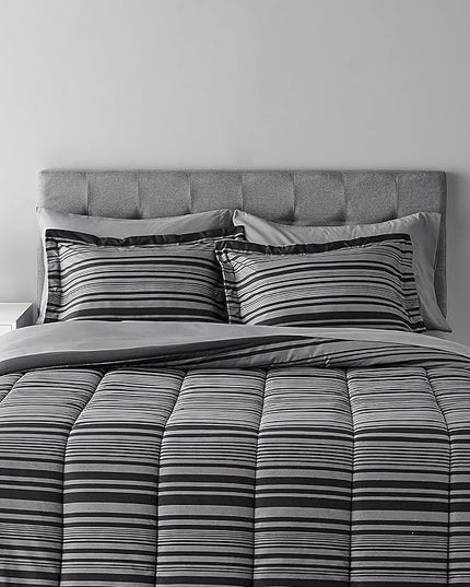 Amazon Basics Lightweight Microfiber Bed-in-a-Bag Comforter 7-Piece Bedding Set, Full/Queen, Gray Calvin Stripe, Striped - LeafyLoom