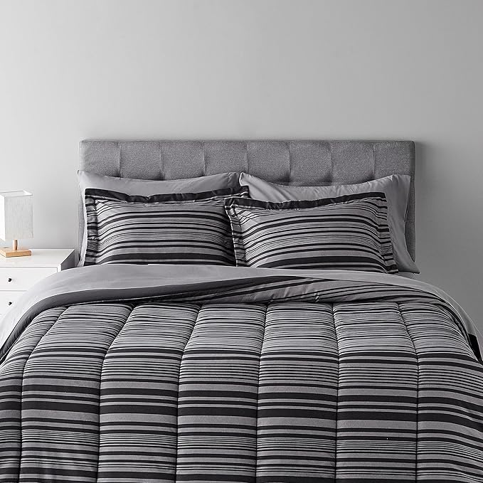 Amazon Basics Lightweight Microfiber Bed-in-a-Bag Comforter 7-Piece Bedding Set, Full/Queen, Gray Calvin Stripe, Striped - LeafyLoom