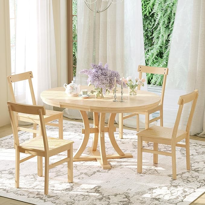 Rustic Round Pedestal 15.7" Removable Leaf, Extending w/Simple Chirs, for Small Place, Kitchen, 5 Piece Dining Table Set, Natural 17 - LeafyLoom