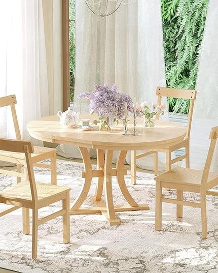 Merax 5-Piece, Natural Rustic Set with Round Pedestal Extendable Table and 15.7" Removable Leaf, Simple Dining Chirs for Small Places - LeafyLoom