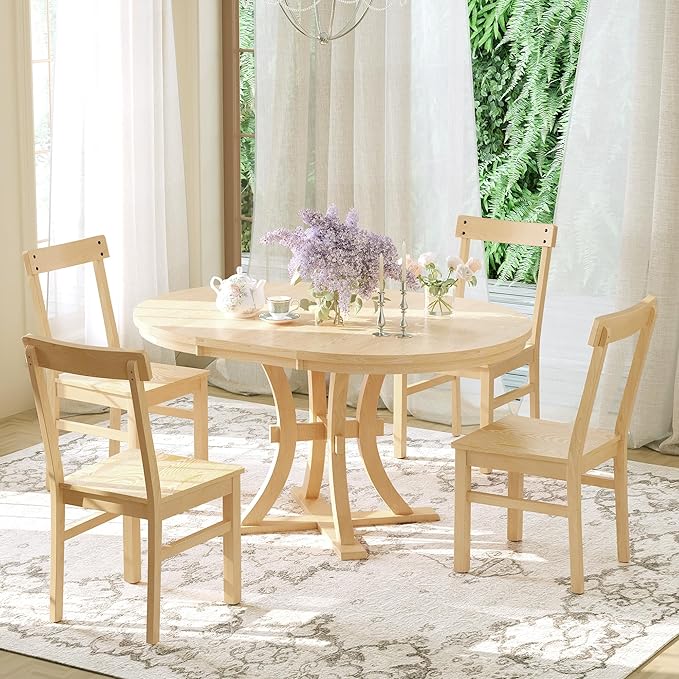 Merax 5-Piece, Natural Rustic Set with Round Pedestal Extendable Table and 15.7" Removable Leaf, Simple Dining Chirs for Small Places - LeafyLoom